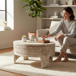 Könnte beinhalten: Ein runder Couchtisch aus hellem Holz mit aufwendigen geometrischen Schnitzmustern an der Seite und stabilen Beinen. Auf der Tischplatte stehen eine kleine Sukkulente im weißen Topf, eine hellgraue Teekanne, eine passende Tasse und ein Holzblock.