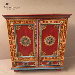 Handpainted Flower Indian Art Decor Wood Cabinet With 2 Drawer/ Beautifull Painted Bedside Drawer Table /Side Table Home Style Furniture image 1