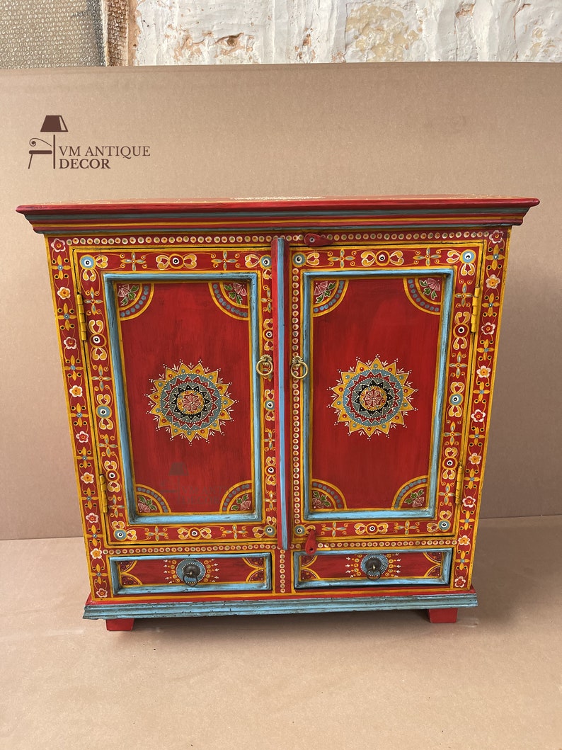 Handpainted Flower Indian Art Decor Wood Cabinet With 2 Drawer/ Beautifull Painted Bedside Drawer Table /Side Table Home Style Furniture image 1