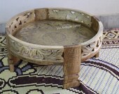 Living Room Decors Brass Coffee Table,Handicraft Vintage Chakki Table,Indian Rustic Grinder Table,Wood Nightstand Table,Carved Central Table