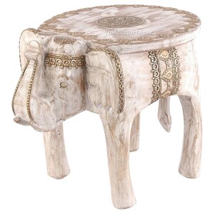 Hand-Carved Wooden Elephant Side Table – Whitewash Brass Finish Coffee Table | Elephant Stool–Nightstand | Central Decor Stand Indian Decor