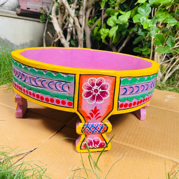 Rajasthani Hand Painted Chakki table, recycled Furniture, Coffee Table | Indian Handicraft Traditional Rajasthani Carved Chakki Table