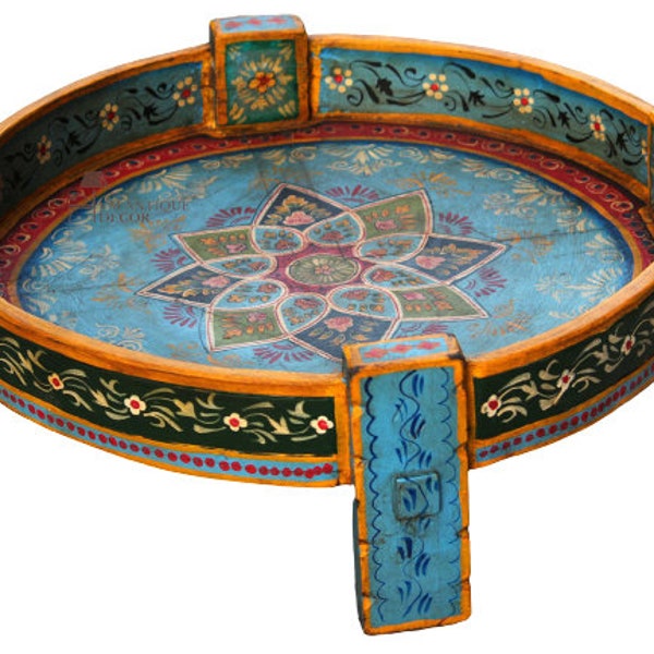 Rajasthani Hand Painted Chakki table | Wooden Flower Handpainted Round Side Chakki Coffee Table | Painted Grinder Side Central Table
