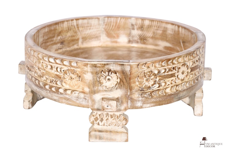 Unique White Wash Bowl Wooden Round Indian Carving Bowl