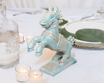 Wooden Painted Hocking Horse Home Decor Side Table Showpices Art Style Gift,Blue White Horse ,Decor Horse Statues Art