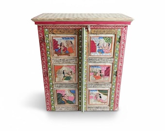 Hand Painted Wooden Cabinet | Rajasthani Art Storage Almirah | Ethnic Indian Cupboard with Traditional Folk Paintings | Handmade furniture