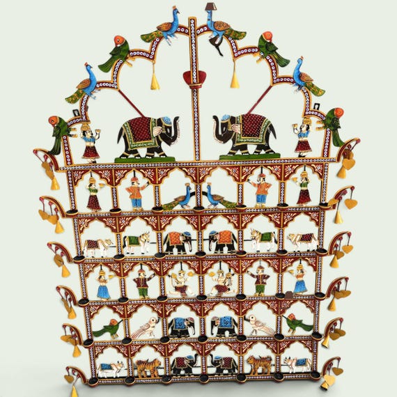 Rajasthani Wall Hanging – Multicolor Folk Art Panel with Miniature Figures & Animals | 110 x 5 x 152 cm - Painted lamp Diwali Home Decor