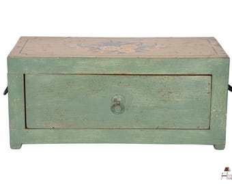 Handmade Wooden Storage Trunk | Vintage Distressed Green Chest Box | Rustic Hand-Painted Blanket Box | Farmhouse Storage Furniture