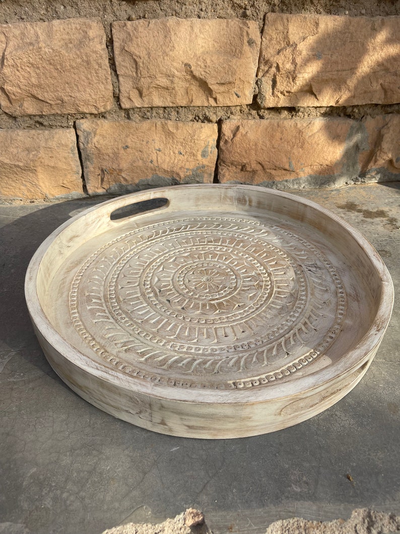 Indian Wooden White Round Carving Indian Tray, Home Kitchen Decor Unique Carving With Handle Decor Tray,Tray Decor,Gift Tray image 7