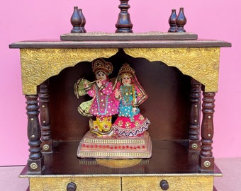 Hand Made Pooja Mandir with 2 Drawers With Beautiful Golden Touch Brass Fitted Beautiful Wall Décor Art