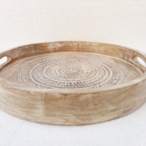 Indian Wooden White Round Carving Indian Tray, Home Kitchen Decor Unique Carving With Handle Decor Tray,Tray Decor,Gift Tray image 2