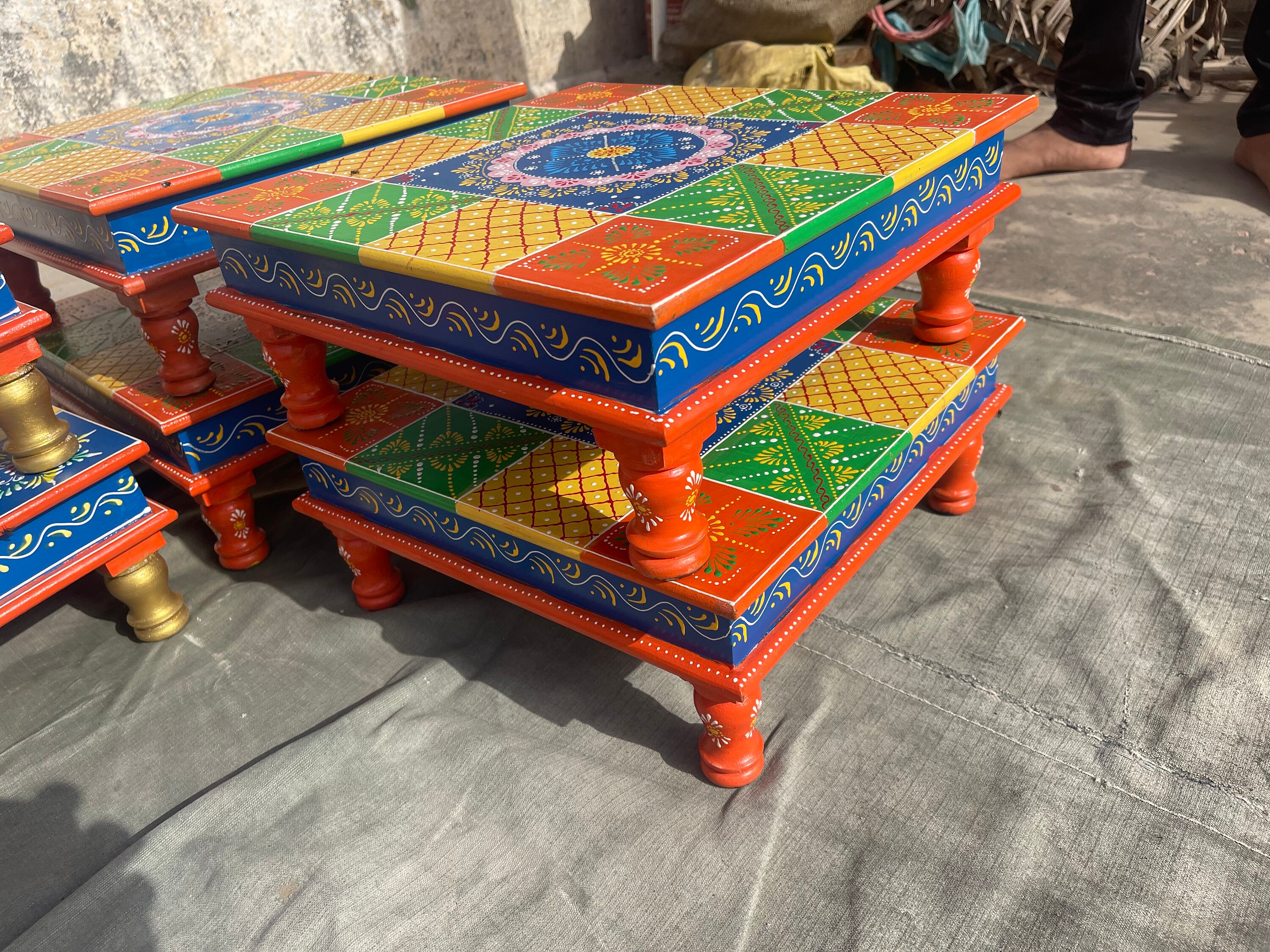 Indian Handpainted Chowki Bajot Table Pair2 ,indian Religious Pooja ...