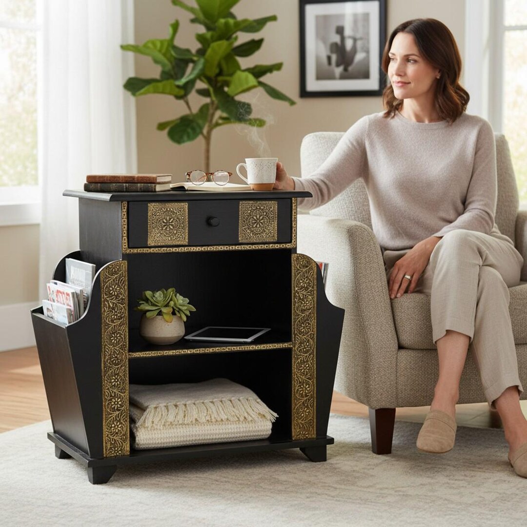 Multi Drawer Magazine Rack Handicrafted Wooden Side Table With Drawer & Magazine Rack| Black ...