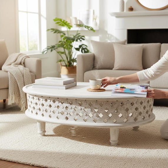 Wood White Distressed Oval Tribal Coffee Table,indian Carved Side