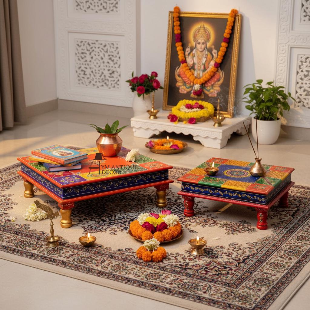 Bhakoot Matching Table Indian Handpainted Chowki Bajot Table Pair2 ,indian Religious Pooja ...