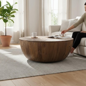 Drewniany okrągły stolik kawowy w kształcie bębna - centralny stolik boczny - meble do salonu - stolik koktajlowy Jacob, indyjski niski stolik centralny - stolik końcowy