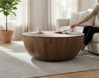Wooden Round Drum Shape Coffee Table-Central Side Table-Home Living Room Furniture-Jacob Cocktail Table, Indian Central Low Table-End Table