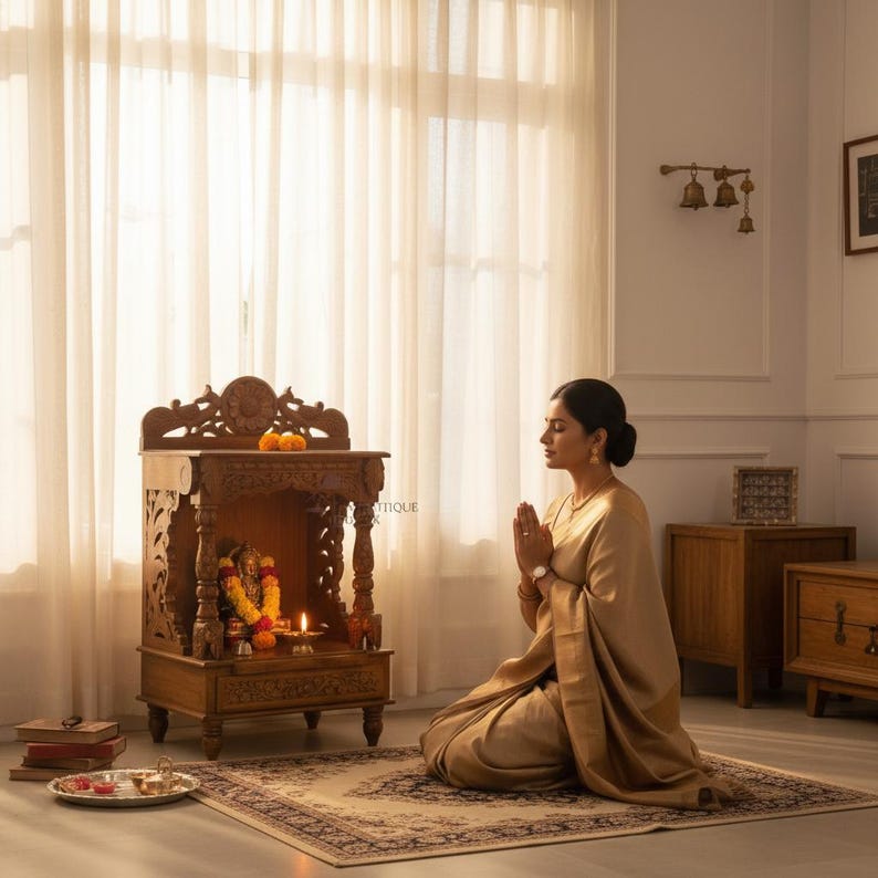 May include: A wooden home temple featuring intricate carvings and a small deity statue adorned with a garland, illuminated by a lit oil lamp. The structure sits on a patterned rug, accompanied by a stack of books and a small metal tray.
