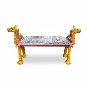 Banco de madera con animales pintados | Banco lateral con asiento en forma de camello | Muebles indios decorativos, mesa de centro y mesita de noche, asientos étnicos para el hogar, pintados