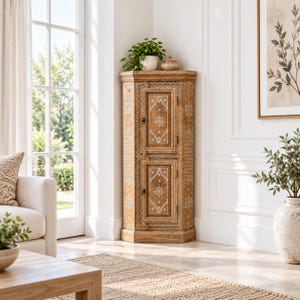 Puede incluir: Un armario esquinero alto de madera con dos puertas apiladas que presentan intrincados patrones florales y geométricos pintados en blanco. El mueble tiene un acabado de madera clara, herrajes de metal oscuro y una superficie superior.