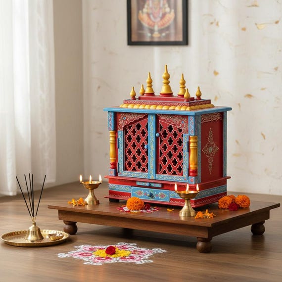 初期個体⭐️Classic Prayer Custom Shop Design Wooden Painted Temple Mnadir Desk-wall Pooja Stand, Bedroom Temple