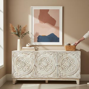 Hand-Carved Whitewashed Sideboard Self–3 Door Floral Cabinet | Solid Wood Storage | Console Carved Cabinet Cupboard Home Decor Furniture