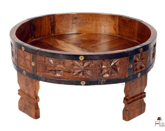 Wooden Round Chakki Coffee Table for Home Decor | Carved Wooden Low Side Table | Grinder coffee table