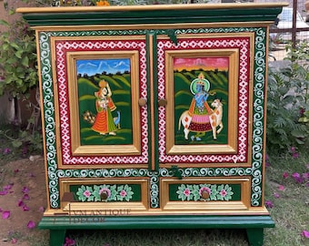 Wooden Painted Radha Krishna Bedside | Beautifull Cabinet Desk Storage Home Decor Furniture,Nightstand Bedside Desk Cupboard Self Side Table