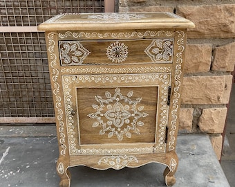 Wooden HandPainted Cabinet Drawer With Shelf, Wooden Bedside Drawer Desk,Indian Painted Nightstand Furniture Decor, Rajasthani Art Deco