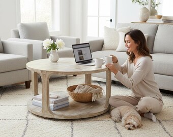 収納棚付き木製コーヒーテーブル - リビングルーム用の手作りラウンド