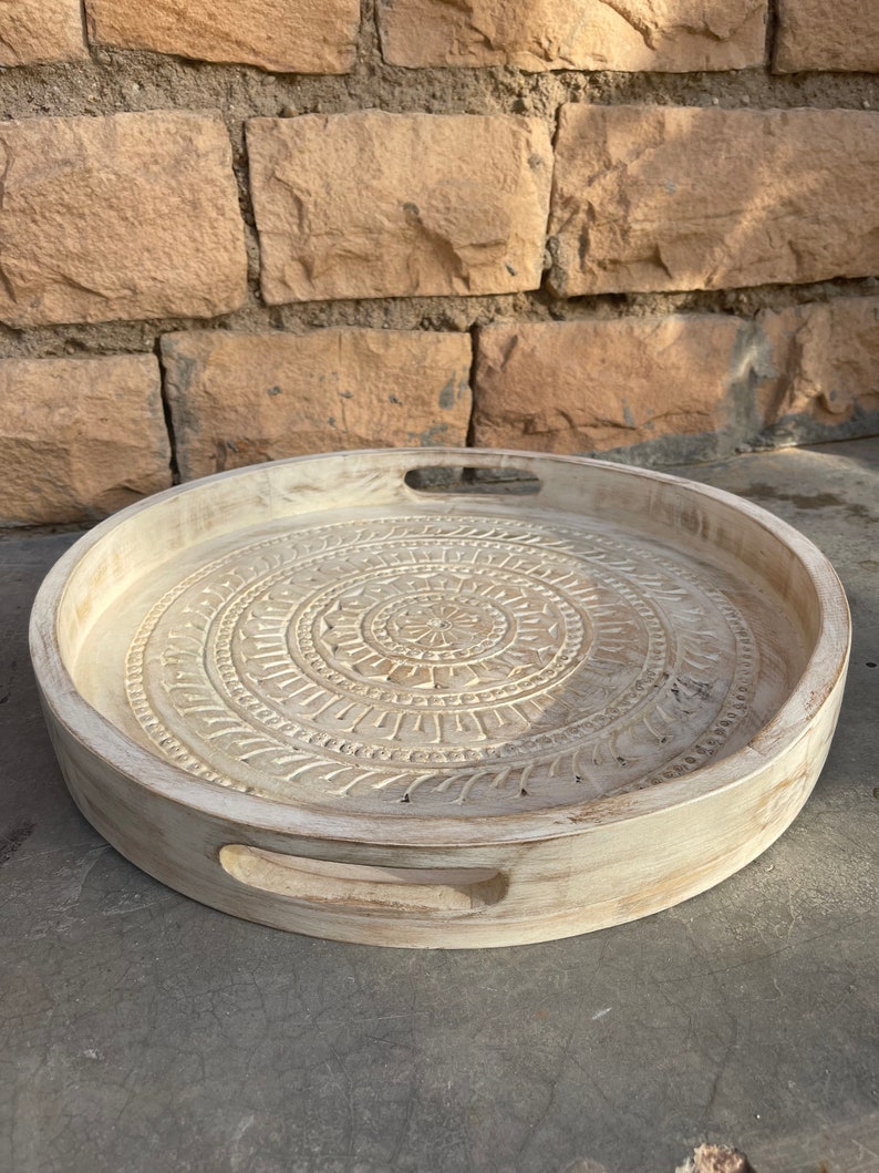 Indian Wooden White Round Carving Indian Tray, Home Kitchen Decor Unique Carving With Handle Decor Tray,Tray Decor,Gift Tray image 6