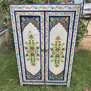 Wood Painted Cupboard Bedside Cabinet Storage-Indian Sideboard Self Decor Furniture,Nightstand Floral Boho Wardrobe,Rajasthani Art Furniture