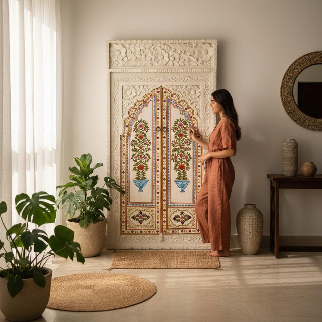 Hand Carved Wooden Jharokha Window Frame | Hand Painted Rajasthani