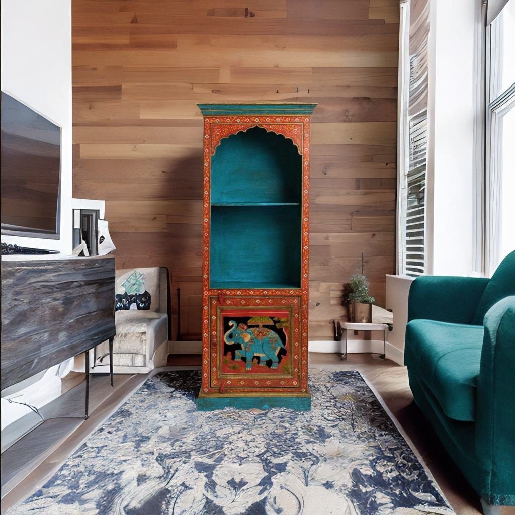 Wood Indian Elephant Flower Painted Bookshelf indian Corner Home