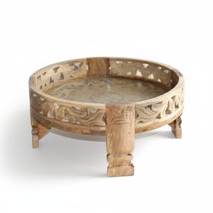 Wooden Carved Chakki Coffee Table-Grinder Side Stool Table, Indian Brass Round End Table-Low Bedside Table Home Art Decor Furniture Table