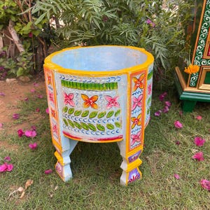 Hand-Painted Colorful Wooden Planter Stand | Floral Butterfly Design | Indian Folk Art Stool | Decorative Garden Plant Holder, Garden Decor