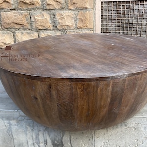 Wooden Round Drum Shape Coffee Table-Central Side Table-Home Living Room Furniture-Jacob Cocktail Table, Indian Central Low Table-End Table