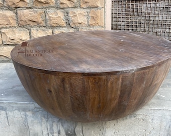 Wooden Round Drum Shape Coffee Table-Central Side Table-Home Living Room Furniture-Jacob Cocktail Table, Indian Central Low Table-End Table