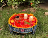 Artistic Painted Vintage Chakki Table,Living Room Decors Carved Coffee Table,Beautiful Central Table,Wooden Nightstand Table,Grinder Table