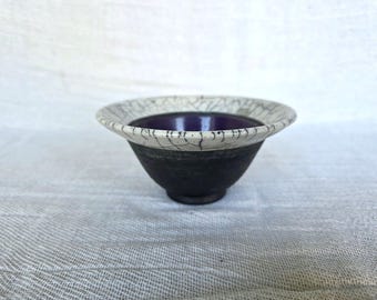 Vintage Raku Pottery Bowl with Purple Glaze and Crackle Rim