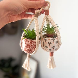 May include: Two small macrame plant hangers with ceramic pots. The pots have a floral pattern in shades of red and peach. Each hanger holds a small succulent plant. The macrame is cream-colored with wooden rings and tassels.
