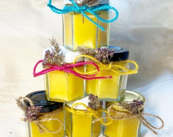 Kaarsbedankjes bijenwas, zeshoekige pot, decor met gedroogde bloemen, set van 7