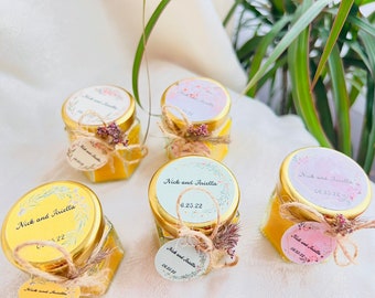 Kaarsbedankjes bijenwas, zeshoekige pot, gepersonaliseerd label, bedankcadeau bruiloft (100 stuks)
