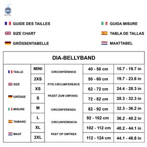 May include: A size chart for a DIA-BELLYBAND, with measurements in both centimeters and inches. The chart includes sizes from MINI to 2XL, with corresponding circumference measurements ranging from 40 cm to 124 cm (15.7 in to 48.8 in).