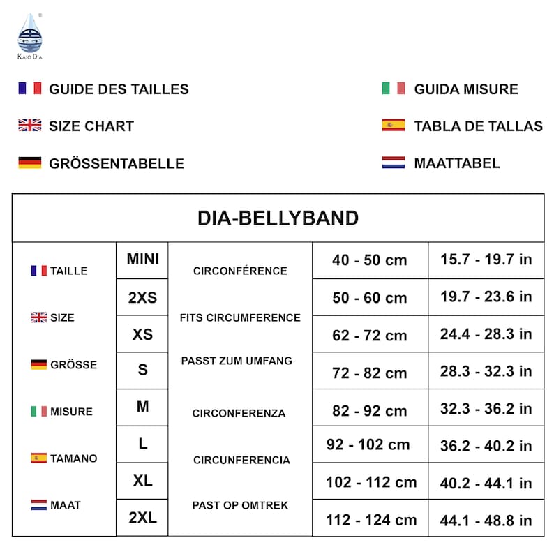 May include: A size chart for a DIA-BELLYBAND, with measurements in both centimeters and inches. The chart includes sizes from MINI to 2XL, with corresponding circumference measurements ranging from 40 cm to 124 cm (15.7 in to 48.8 in).