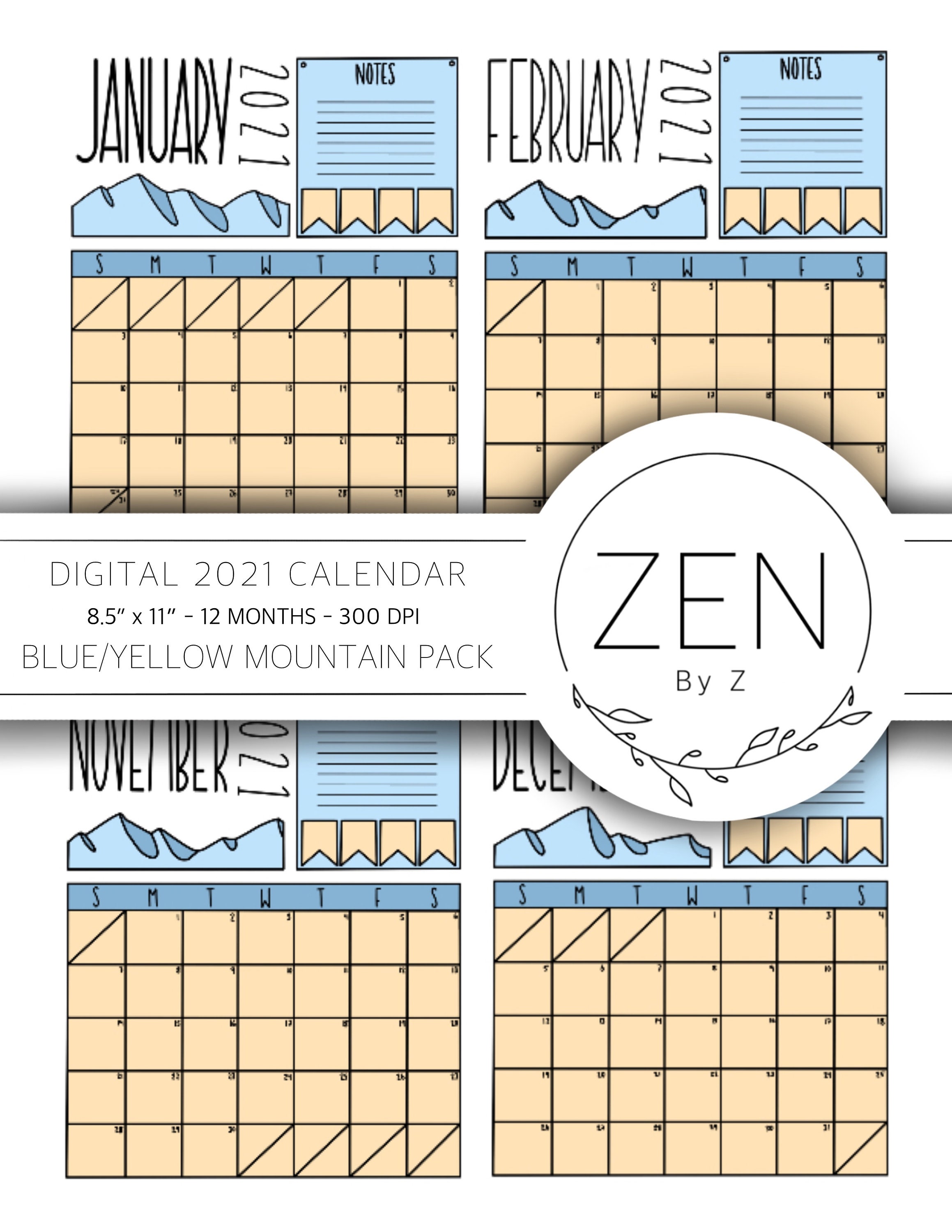 Digital 2021 Calendar Download Blue/Yellow Mountain Pack | Etsy Digital 2021 Calendar Download Blue/Yellow Mountain Pack | Etsy