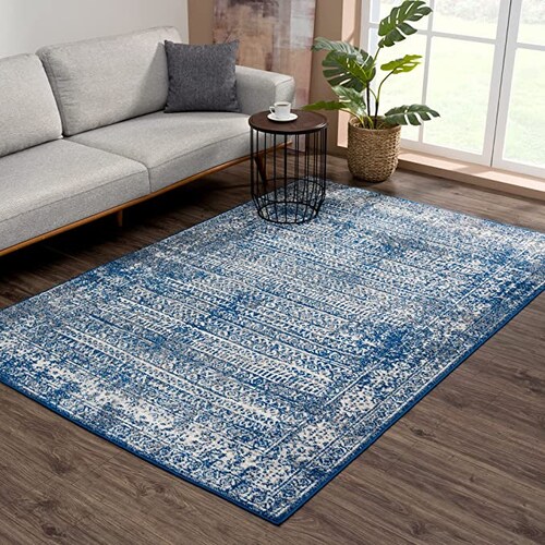 Vintage Geometric Blue Ivory shops Area Rug - Boho Distressed 5x7 Rug for Living Room, Bedroom and Kitchen (5'3