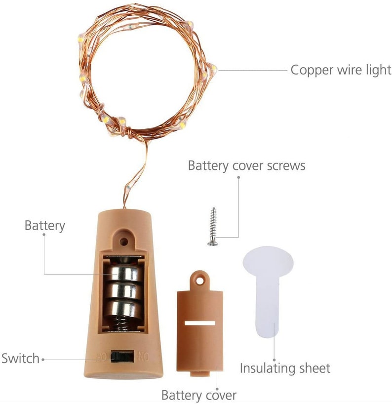 String lights 20 LED, 6 ft long, Fairy Battery Operated Cork lights, copper wire, Warm White led color, String Lights Waterproof image 3