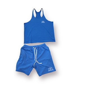 May include: A blue athletic tank top and matching shorts set. Both pieces feature a white logo with the text "RECONSTRUCTED".