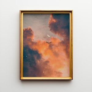Fantasy Dragon Art  &quot;Fire Dragon&quot;, Celestial Wall Decor, Sunset Sky, Surreal Cloud Aesthetic